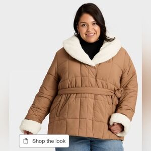Women's Belted Faux Shearling Puffer Jacket - Ava & Viv Tan 1X NEW
